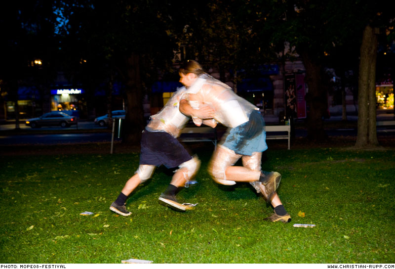 Performance "Patterns of Discourse" by Dimitris Halatsis and Christian Rupp at the Performance Festival "MOPE08" in Vaasa, Finland, 2008